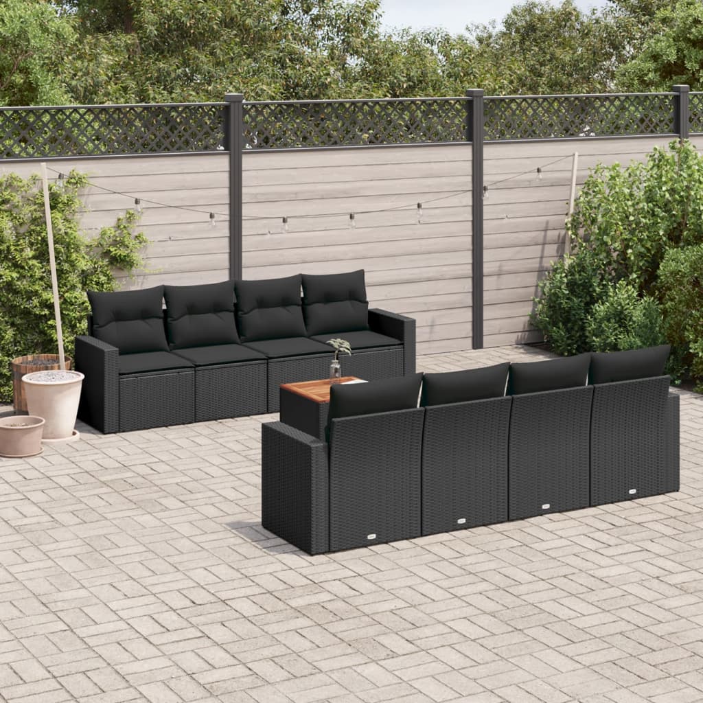 9-delige Loungeset met kussens poly rattan zwart – afbeelding 1