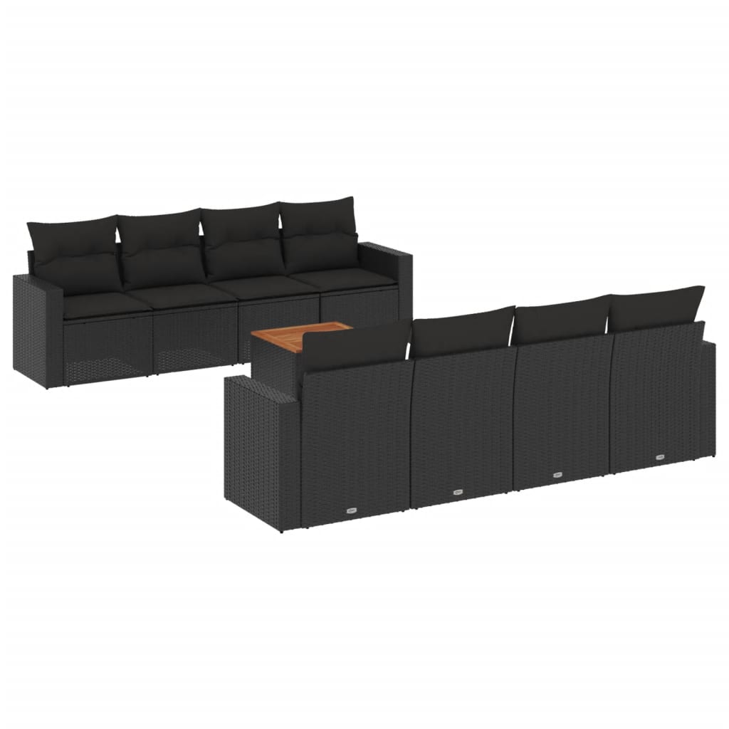 9-delige Loungeset met kussens poly rattan zwart – afbeelding 2