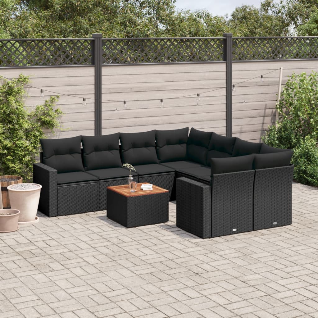 9-delige Loungeset met kussens poly rattan zwart – afbeelding 1