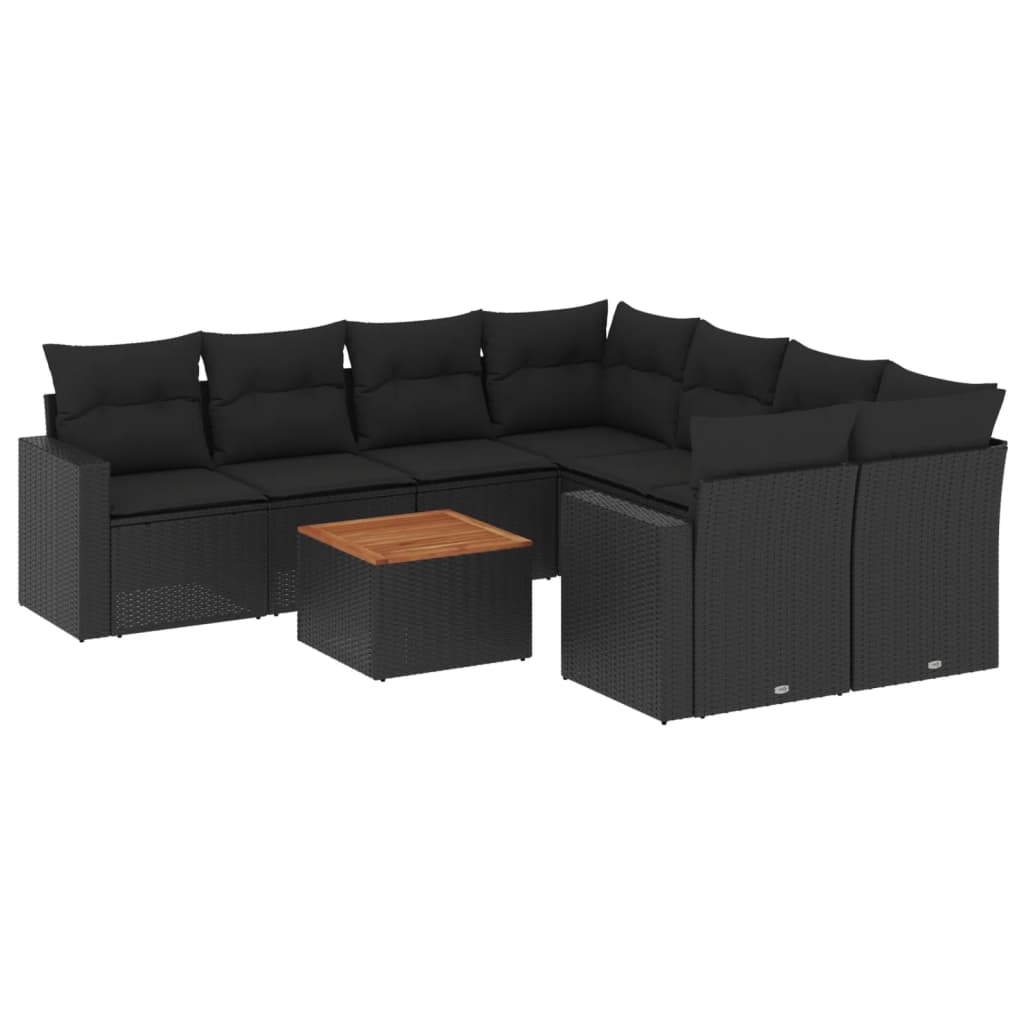 9-delige Loungeset met kussens poly rattan zwart – afbeelding 2