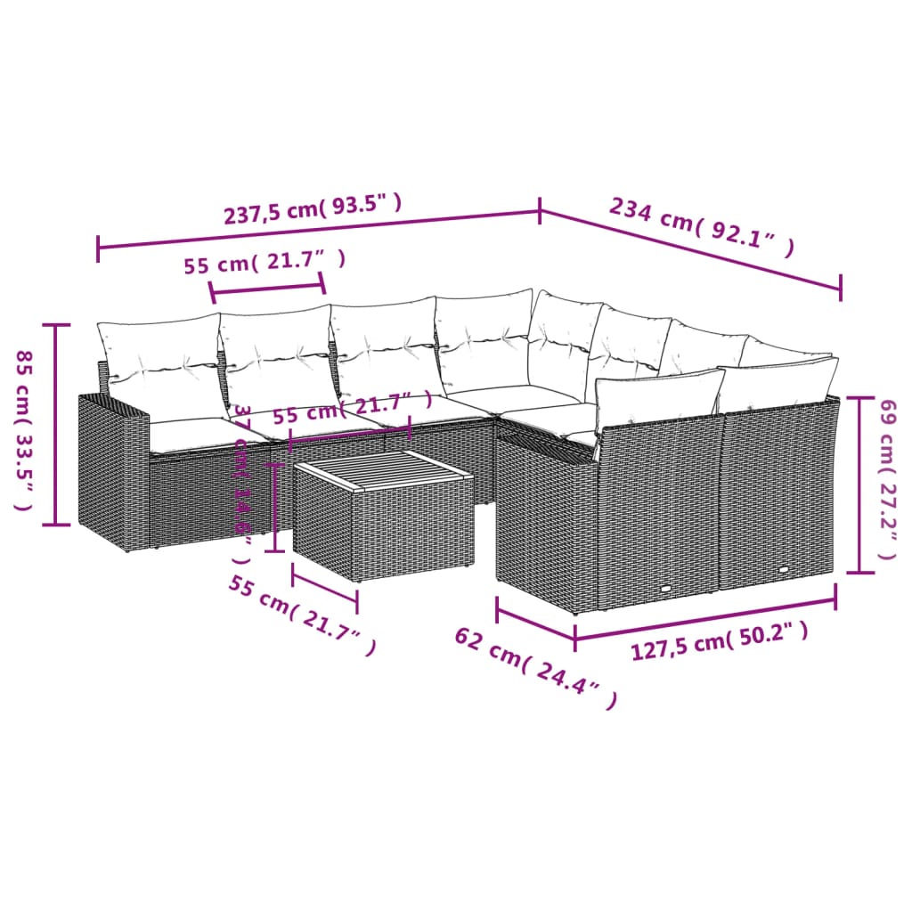 9-delige Loungeset met kussens poly rattan zwart – afbeelding 3