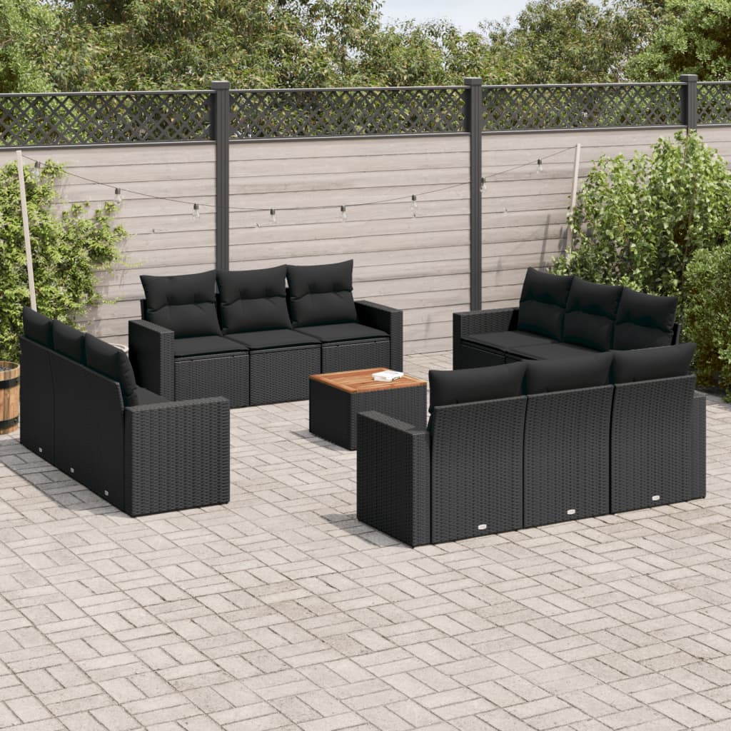 13-delige Loungeset met kussens poly rattan zwart – afbeelding 1