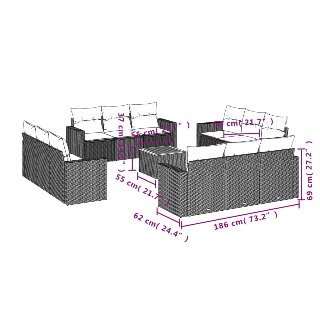 13-delige Loungeset met kussens poly rattan zwart – afbeelding 3