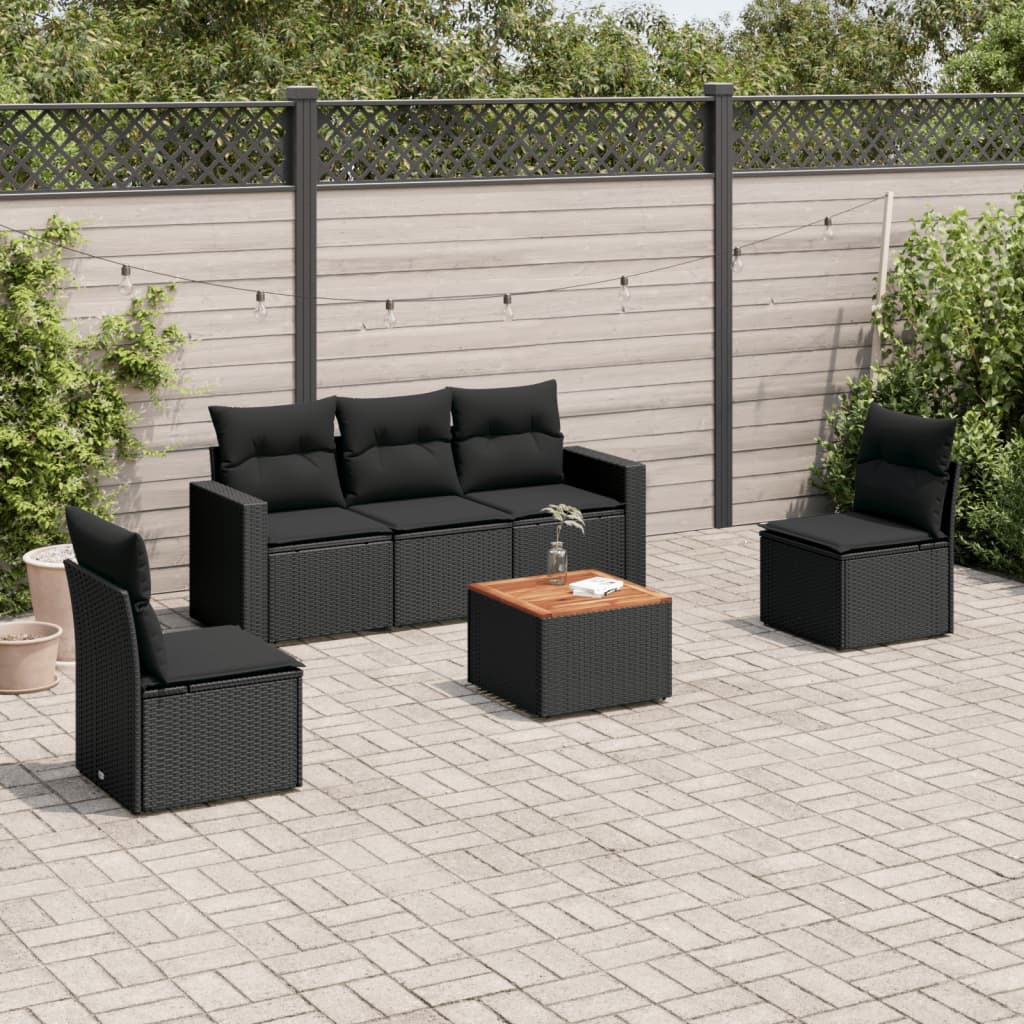 6-delige Loungeset met kussens poly rattan zwart – afbeelding 1