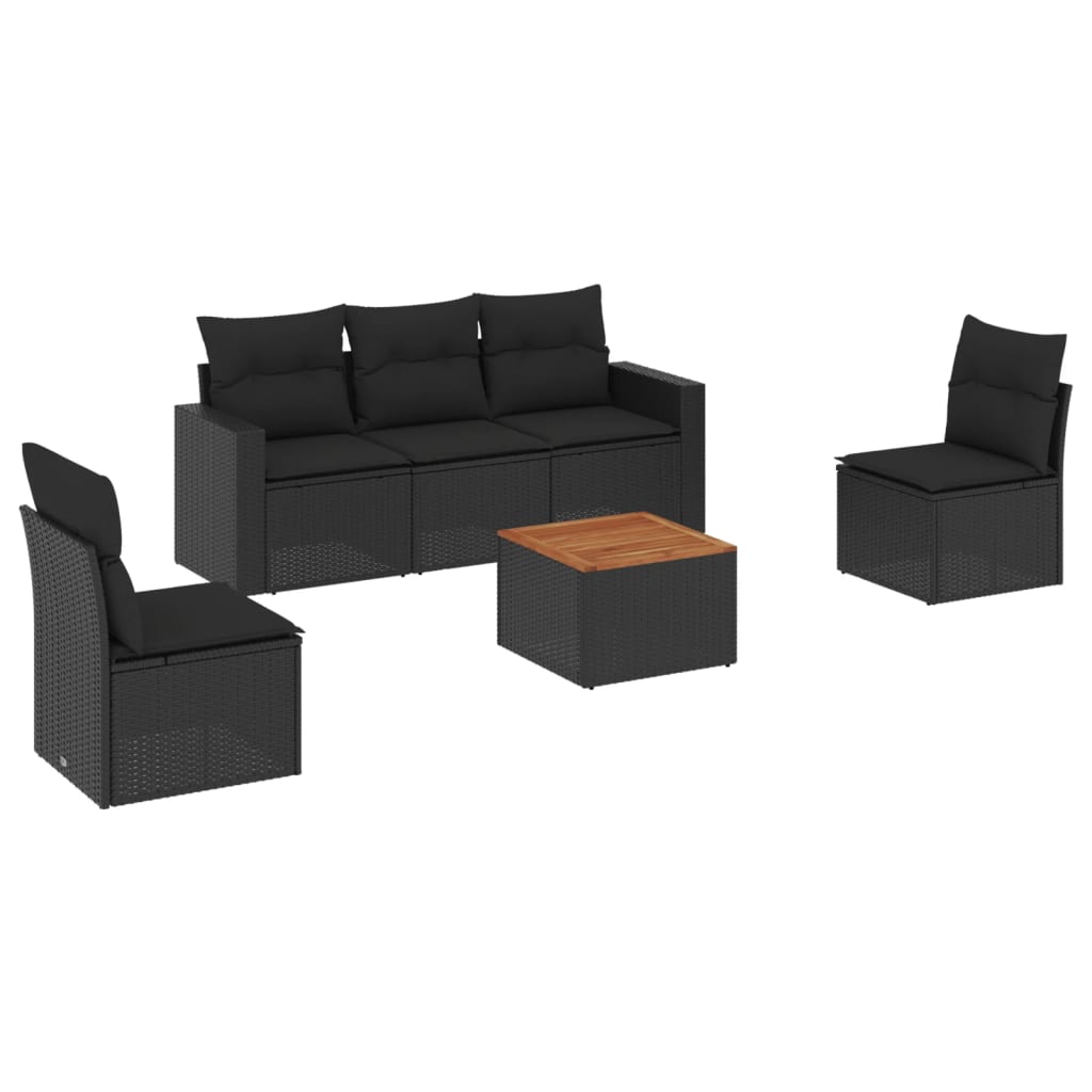 6-delige Loungeset met kussens poly rattan zwart – afbeelding 2