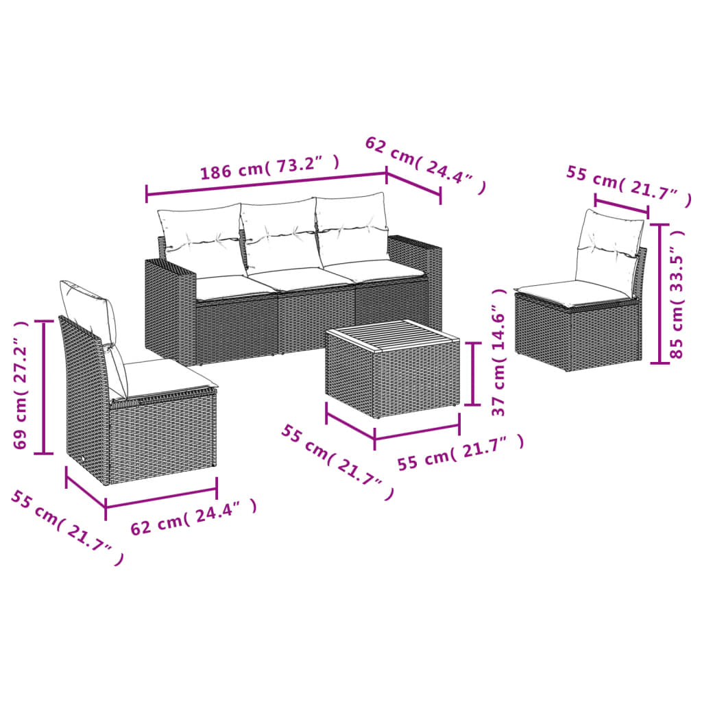 6-delige Loungeset met kussens poly rattan zwart – afbeelding 3
