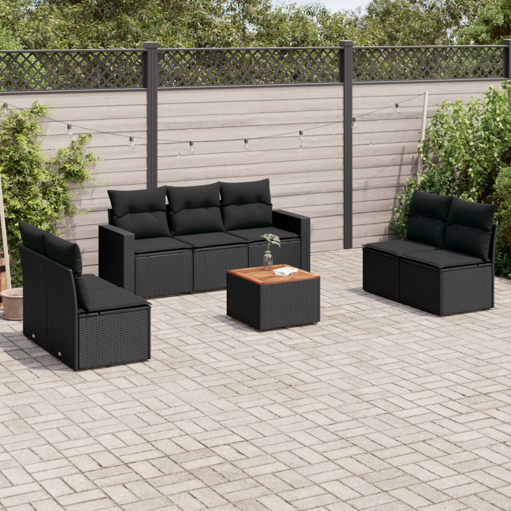 8-delige Loungeset met kussens poly rattan zwart – afbeelding 1