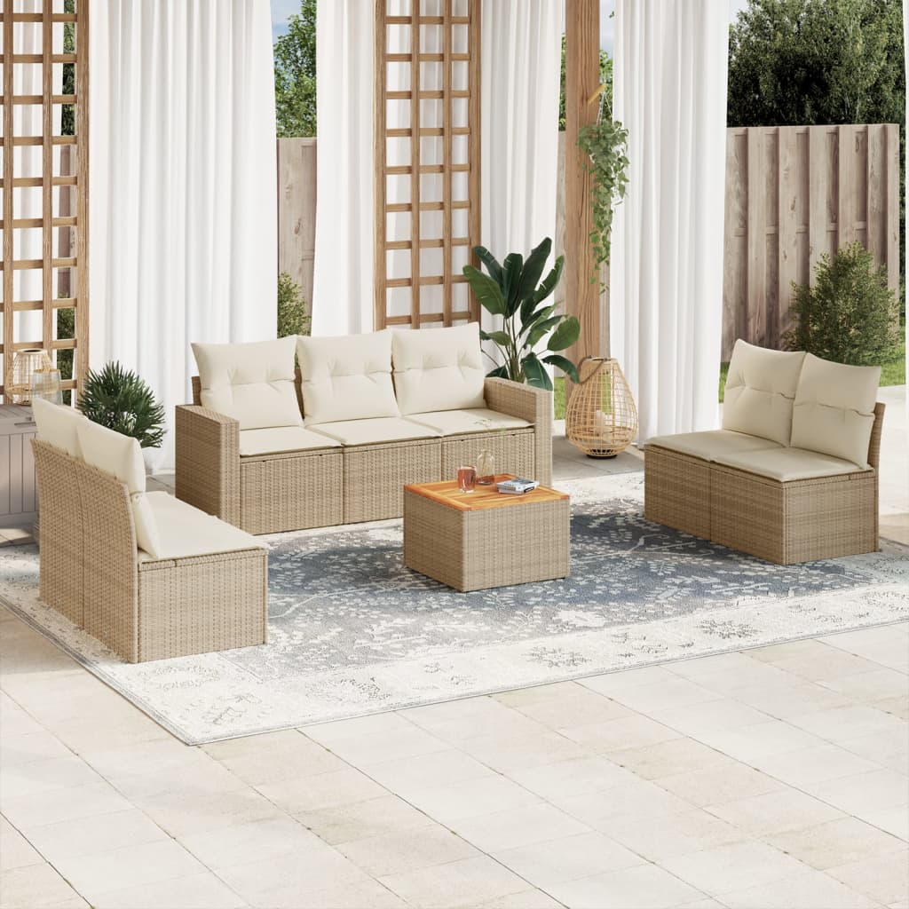 8-delige Loungeset met kussens poly rattan beige – afbeelding 1