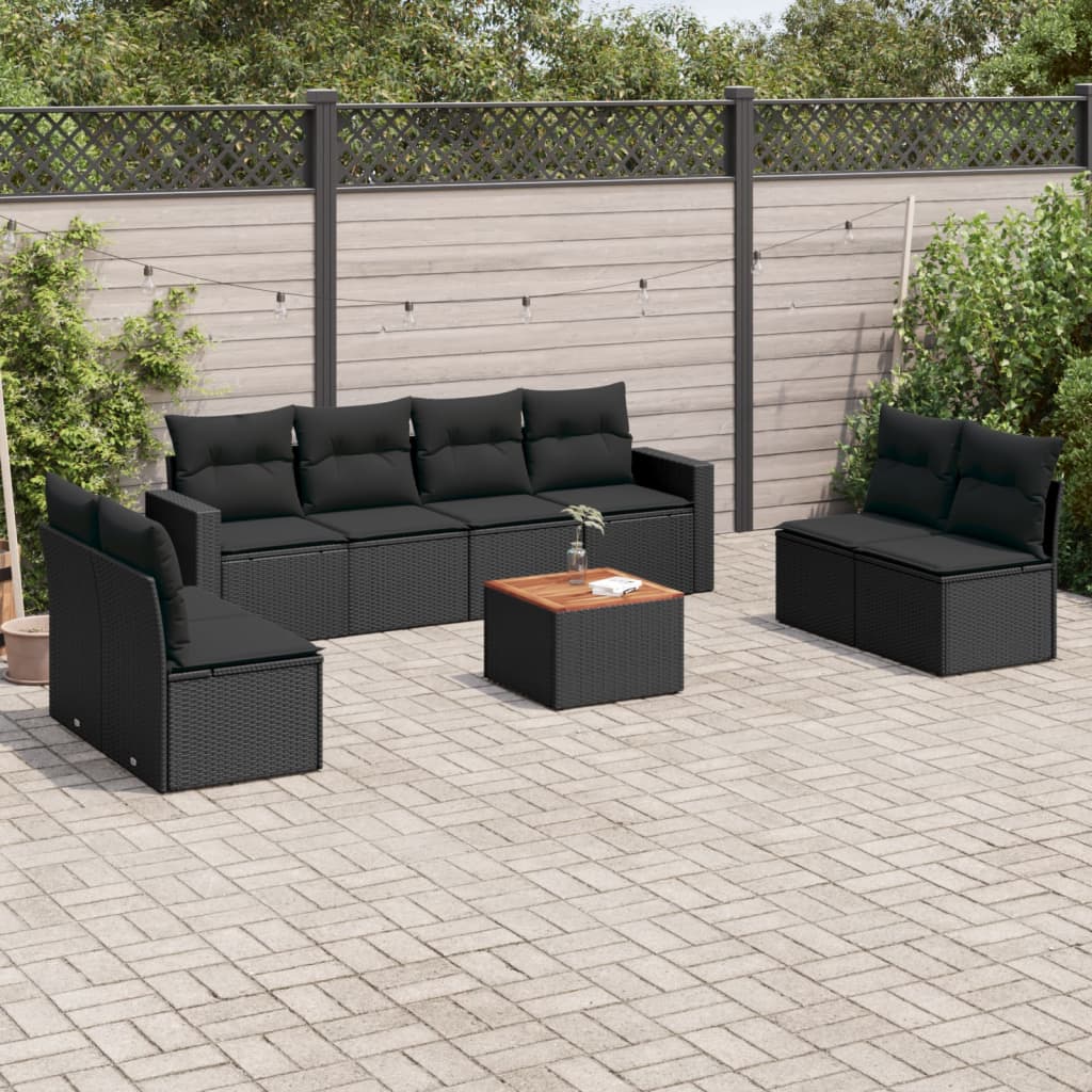 9-delige Loungeset met kussens poly rattan zwart – afbeelding 1