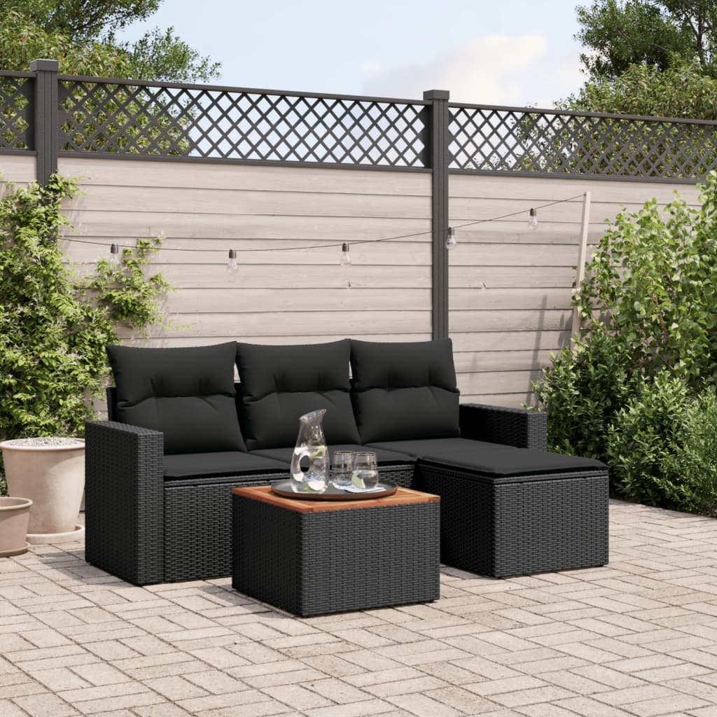 5-delige Loungeset met kussens poly rattan zwart – afbeelding 1