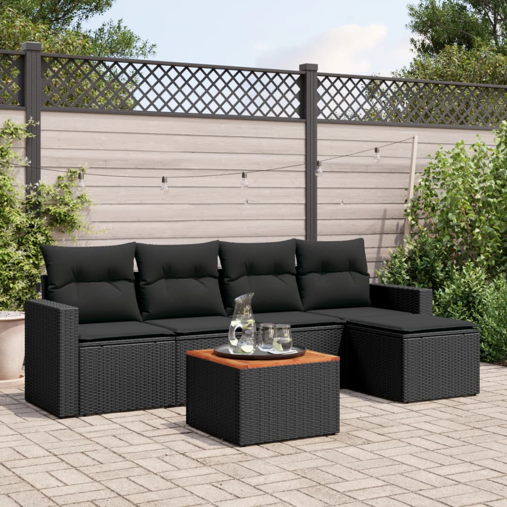 6-delige Loungeset met kussens poly rattan zwart – afbeelding 1