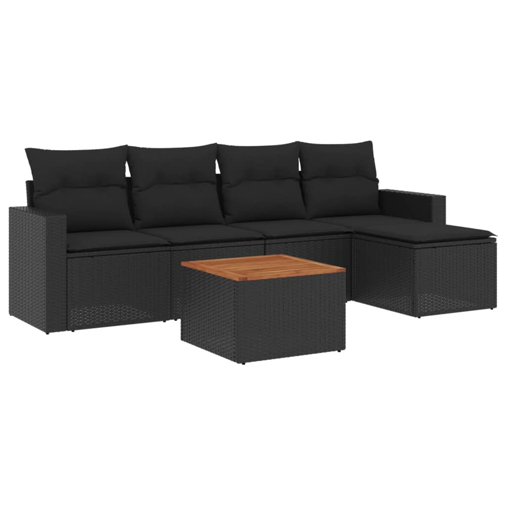 6-delige Loungeset met kussens poly rattan zwart – afbeelding 2
