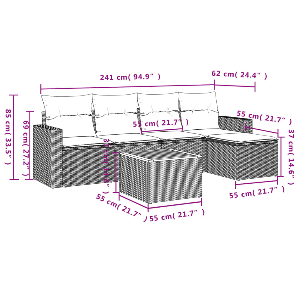 6-delige Loungeset met kussens poly rattan zwart – afbeelding 3