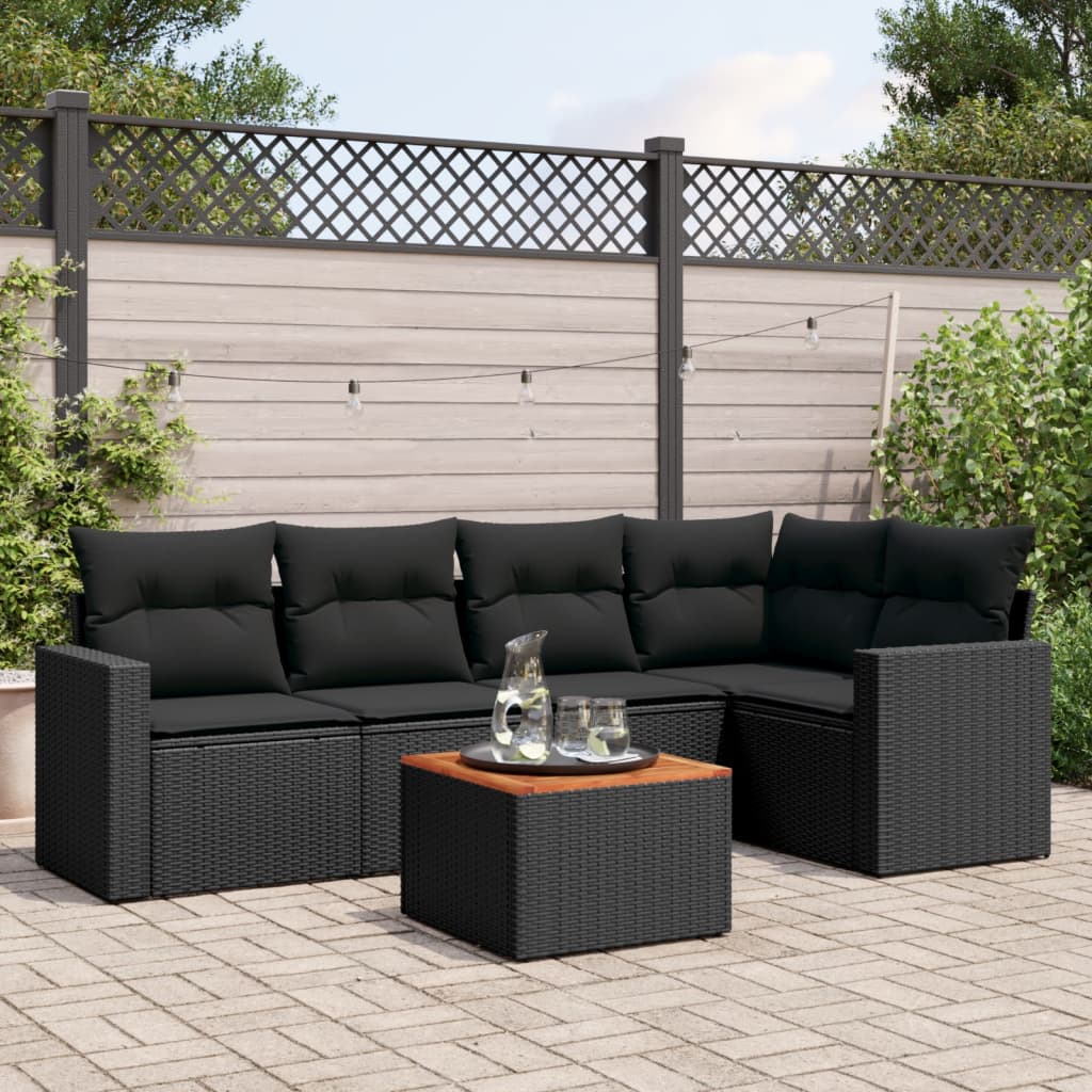 6-delige Loungeset met kussens poly rattan zwart – afbeelding 1