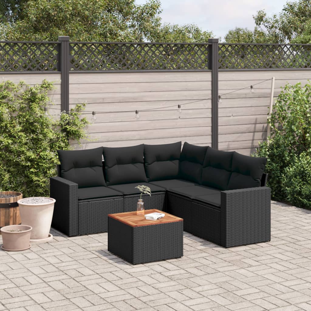 6-delige Loungeset met kussens poly rattan zwart – afbeelding 1