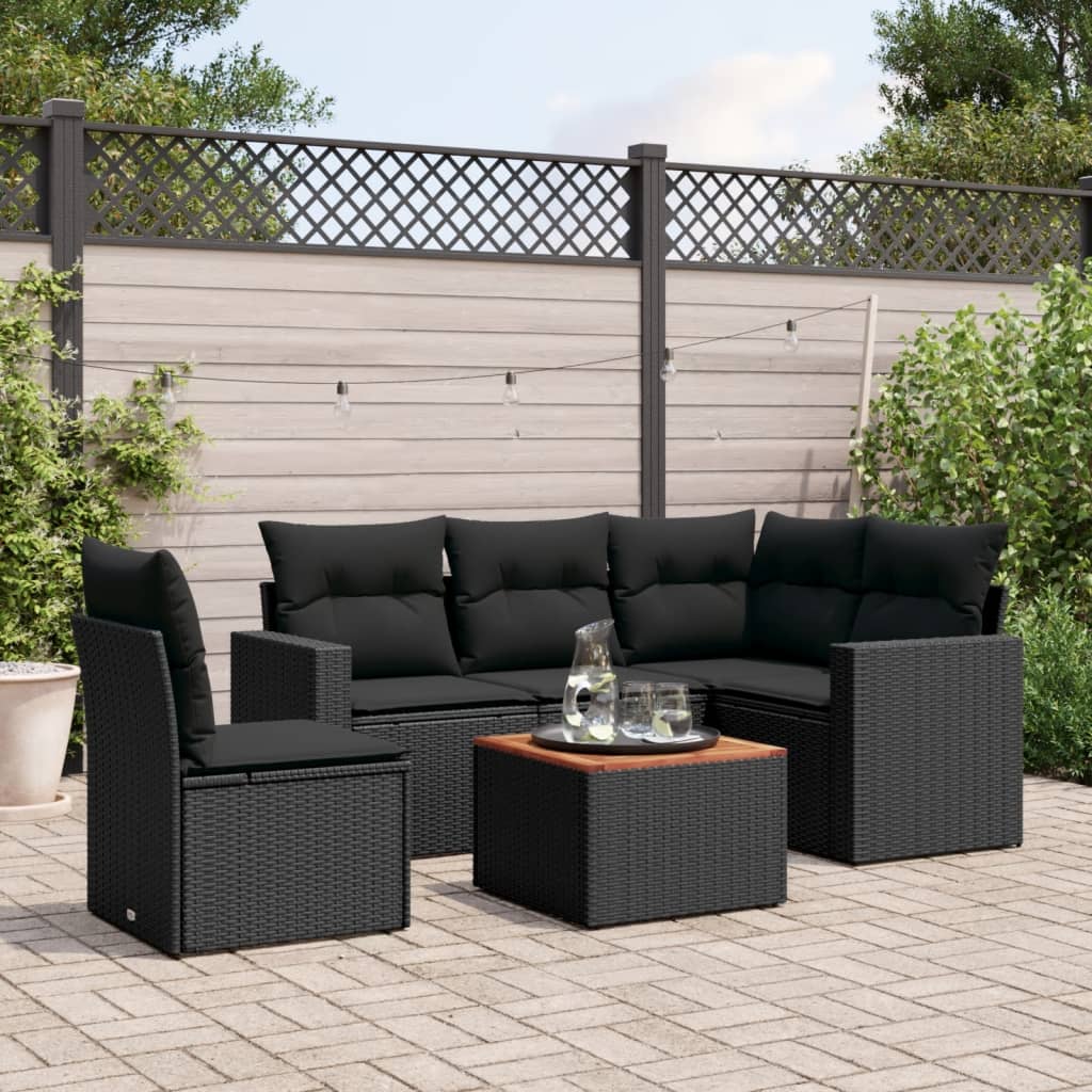 6-delige Loungeset met kussens poly rattan zwart – afbeelding 1