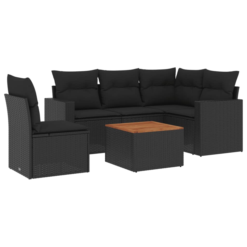 6-delige Loungeset met kussens poly rattan zwart – afbeelding 2