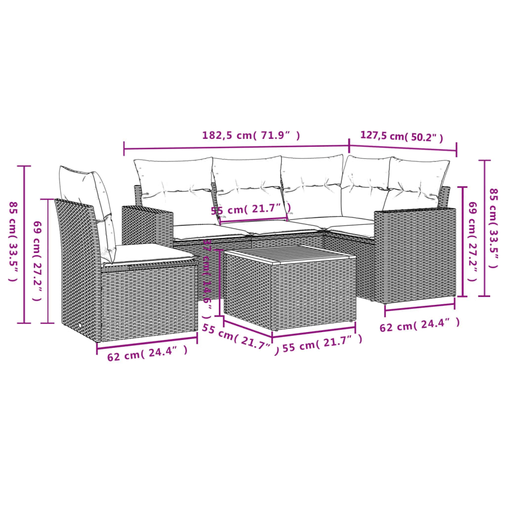 6-delige Loungeset met kussens poly rattan zwart – afbeelding 3