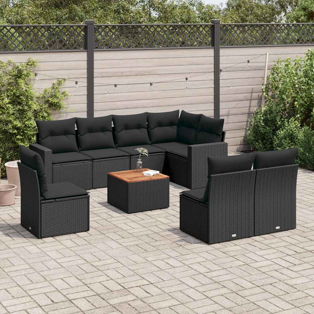 9-delige Loungeset met kussens poly rattan zwart – afbeelding 1