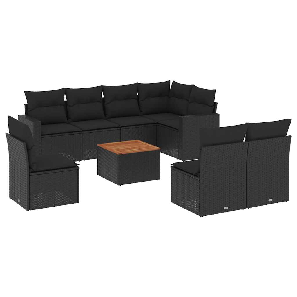 9-delige Loungeset met kussens poly rattan zwart – afbeelding 2