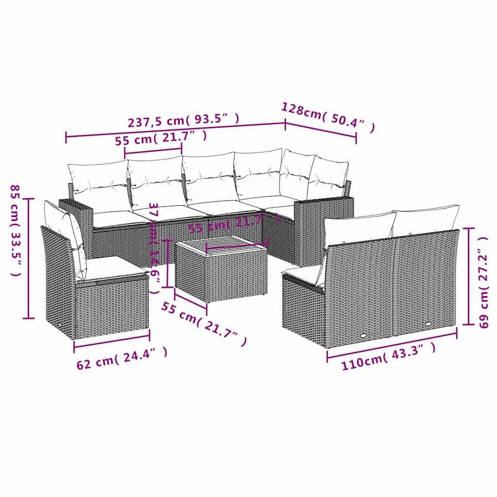 9-delige Loungeset met kussens poly rattan zwart – afbeelding 3