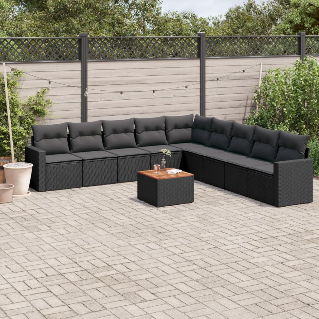10-delige Loungeset met kussens poly rattan zwart – afbeelding 1