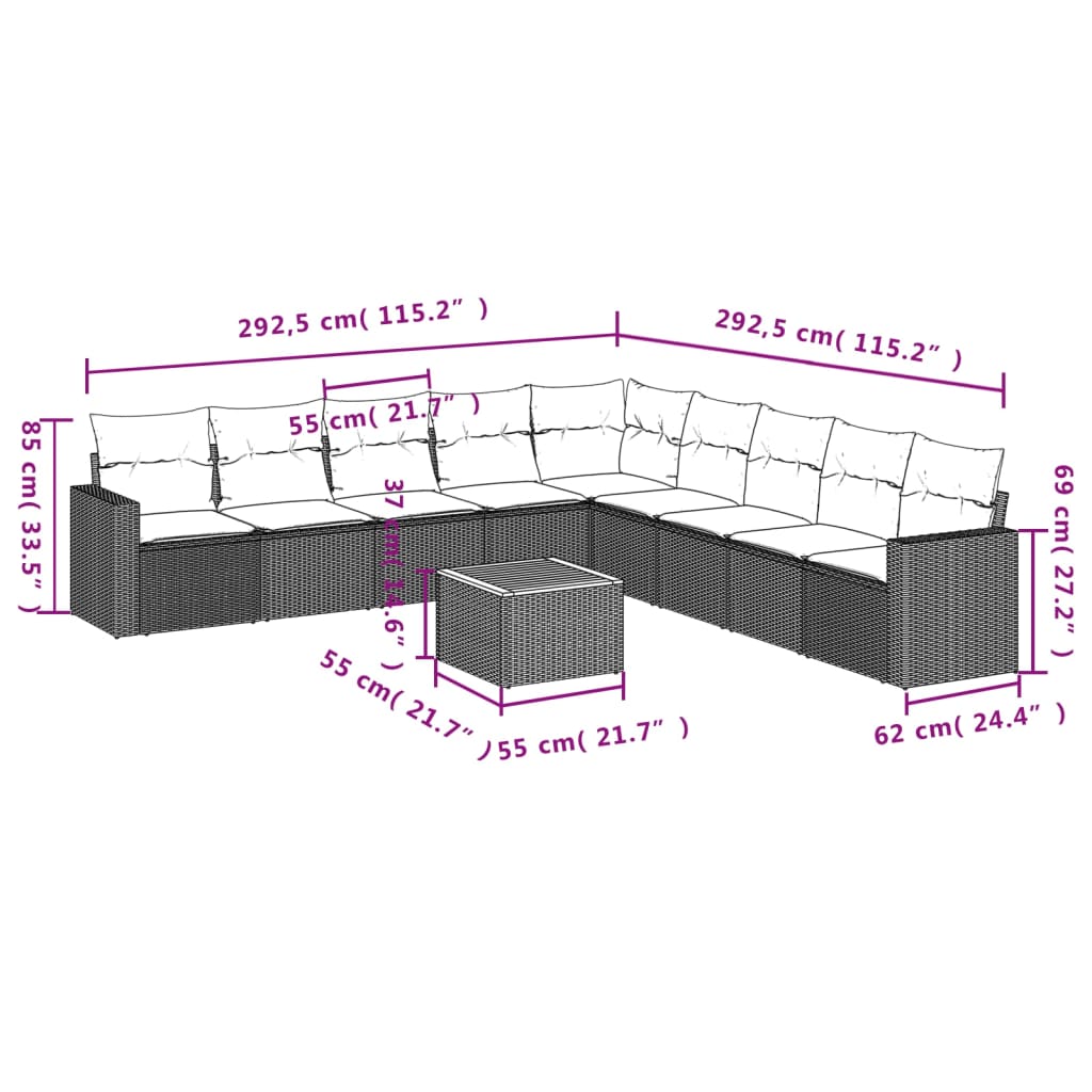 10-delige Loungeset met kussens poly rattan zwart – afbeelding 3