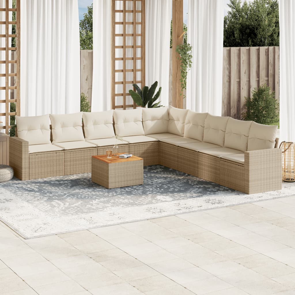 10-delige Loungeset met kussens poly rattan beige – afbeelding 1