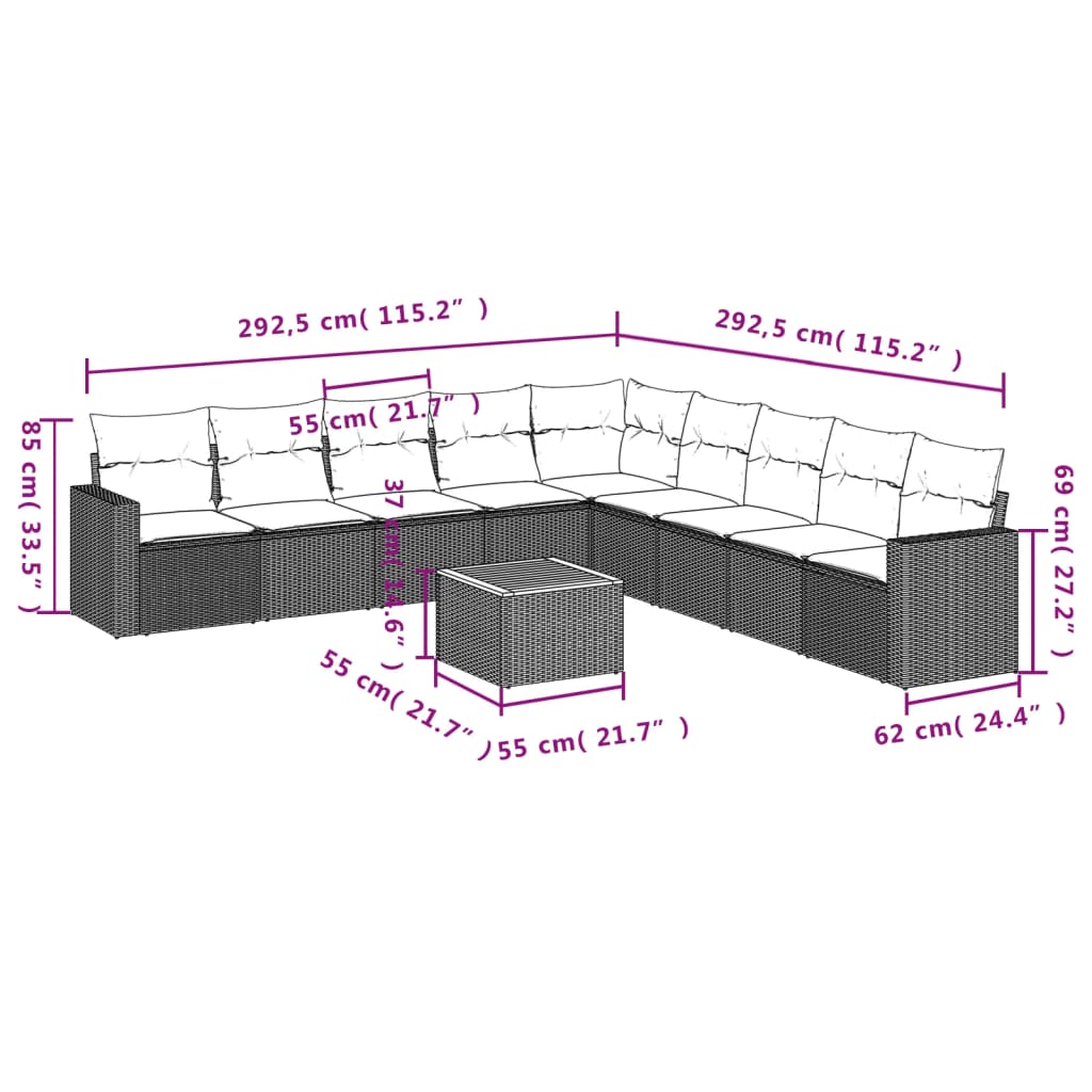 10-delige Loungeset met kussens poly rattan beige – afbeelding 12