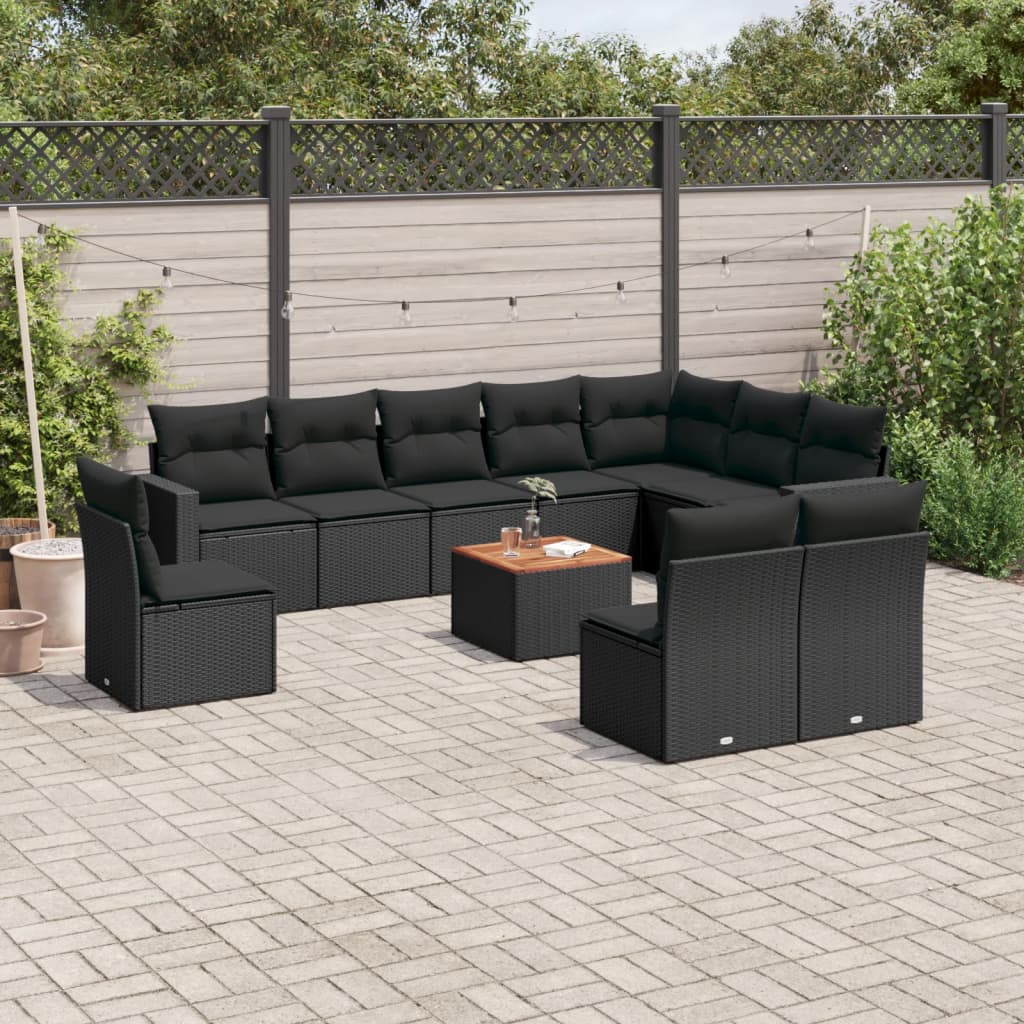 11-delige Loungeset met kussens poly rattan zwart – afbeelding 1