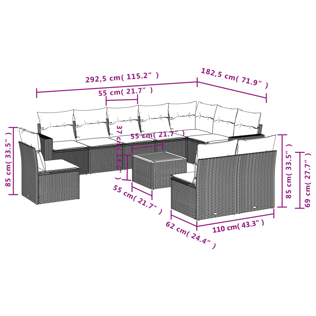 11-delige Loungeset met kussens poly rattan zwart – afbeelding 3