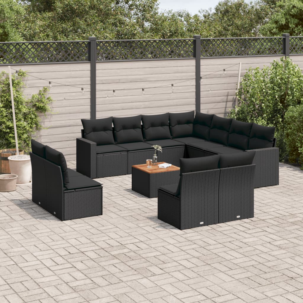 12-delige Loungeset met kussens poly rattan zwart – afbeelding 1