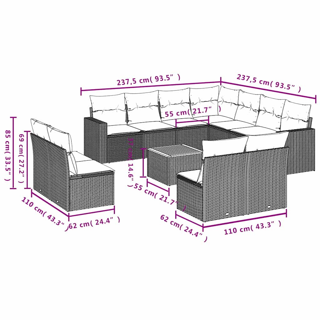 12-delige Loungeset met kussens poly rattan zwart – afbeelding 12