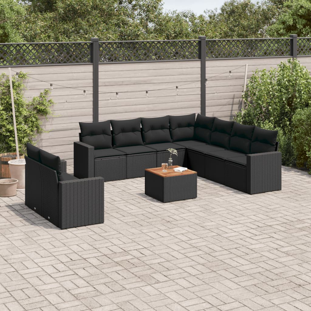 10-delige Loungeset met kussens poly rattan zwart – afbeelding 1