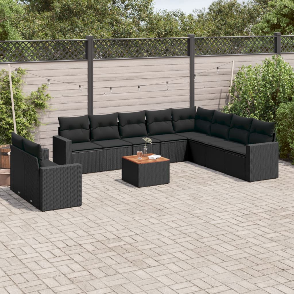 11-delige Loungeset met kussens poly rattan zwart – afbeelding 1