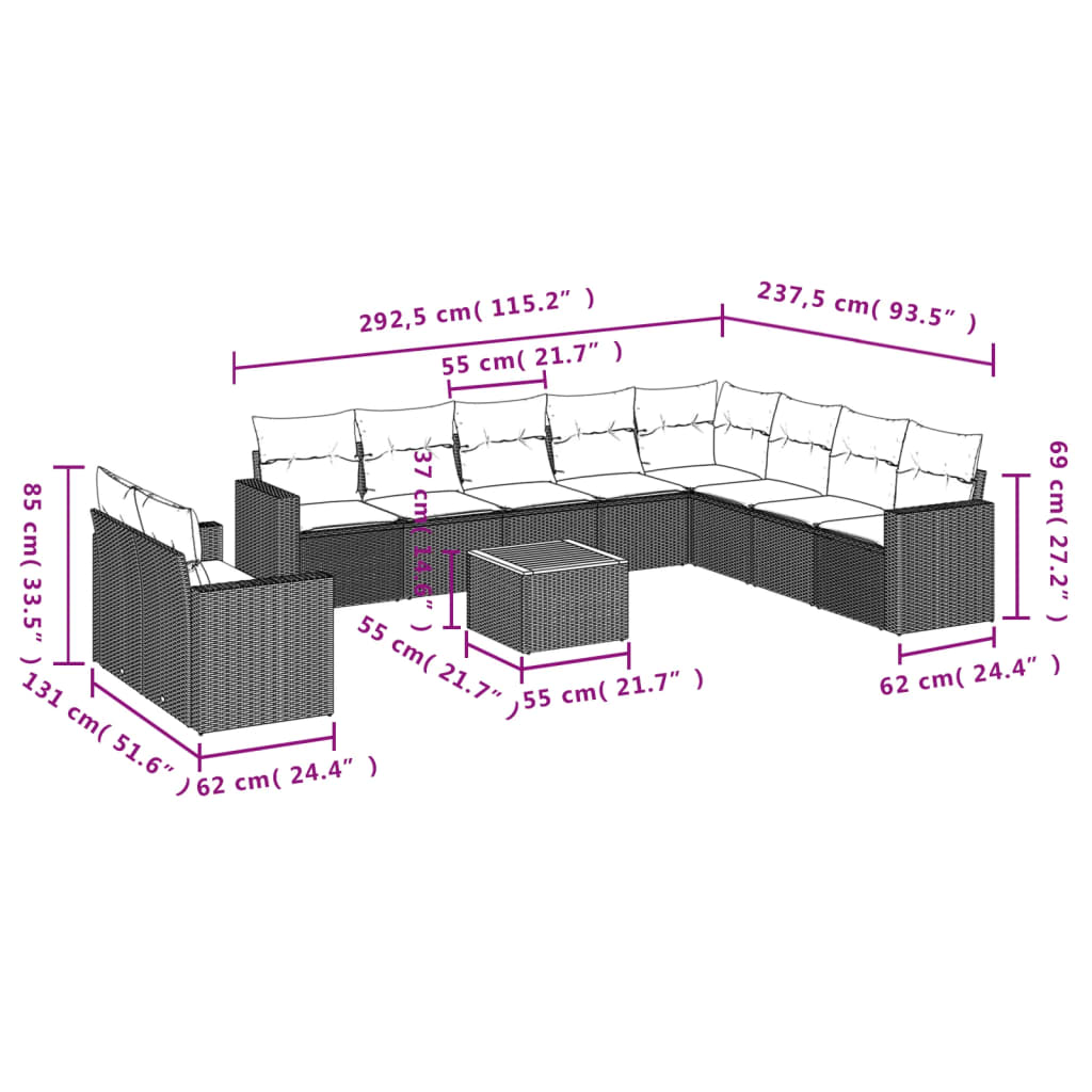 11-delige Loungeset met kussens poly rattan zwart – afbeelding 3