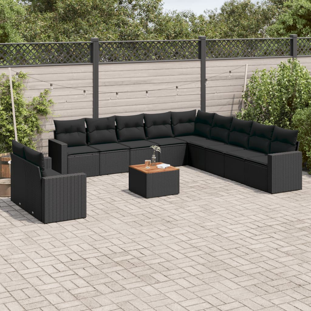 12-delige Loungeset met kussens poly rattan zwart – afbeelding 1