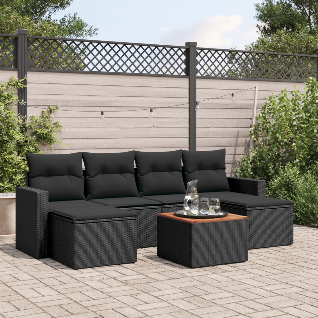 7-delige Loungeset met kussens poly rattan zwart – afbeelding 1