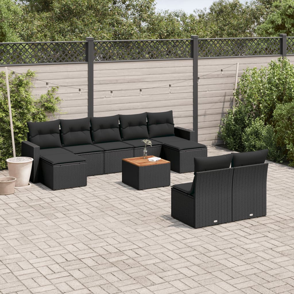 10-delige Loungeset met kussens poly rattan zwart – afbeelding 1