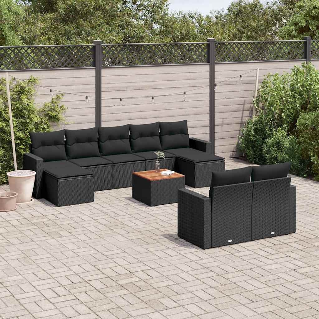 10-delige Loungeset met kussens poly rattan zwart – afbeelding 1
