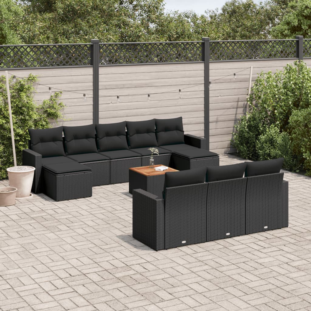 11-delige Loungeset met kussens poly rattan zwart – afbeelding 1