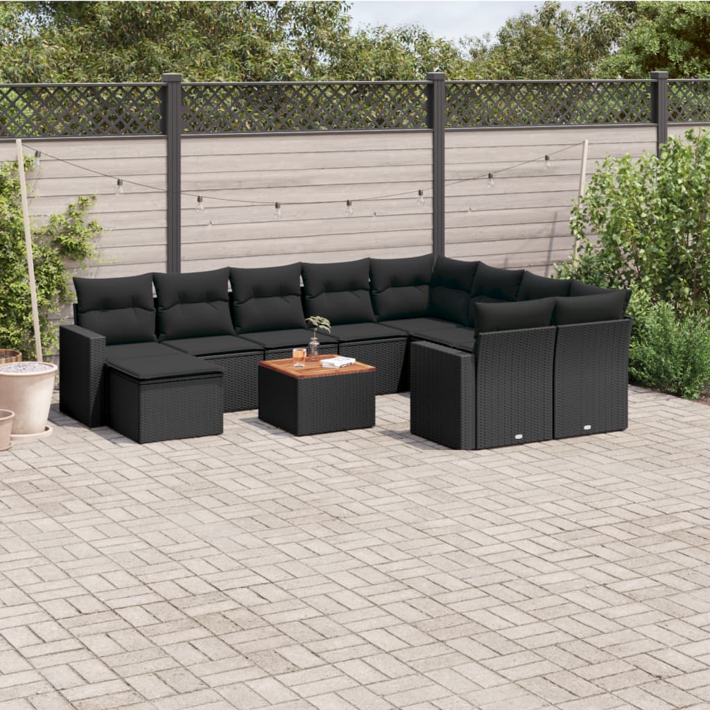 11-delige Loungeset met kussens poly rattan zwart – afbeelding 1