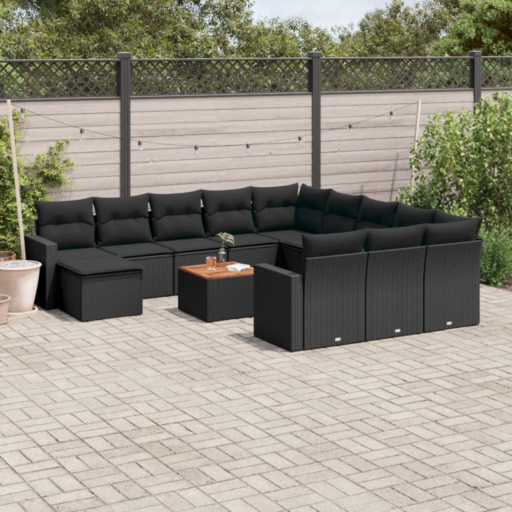 13-delige Loungeset met kussens poly rattan zwart – afbeelding 1