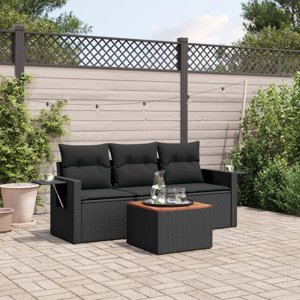 4-delige Loungeset met kussens poly rattan zwart – afbeelding 1