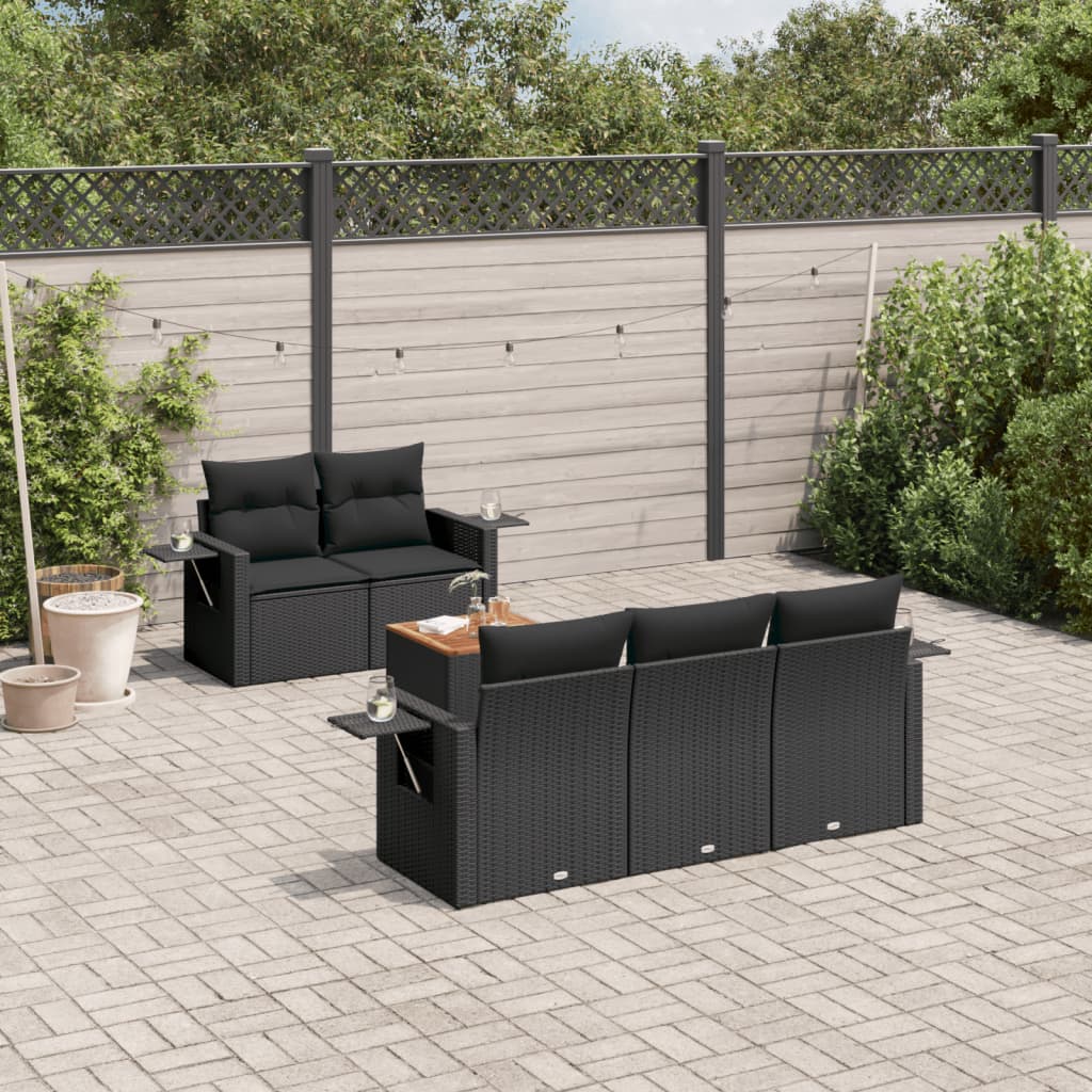 6-delige Loungeset met kussens poly rattan zwart – afbeelding 1