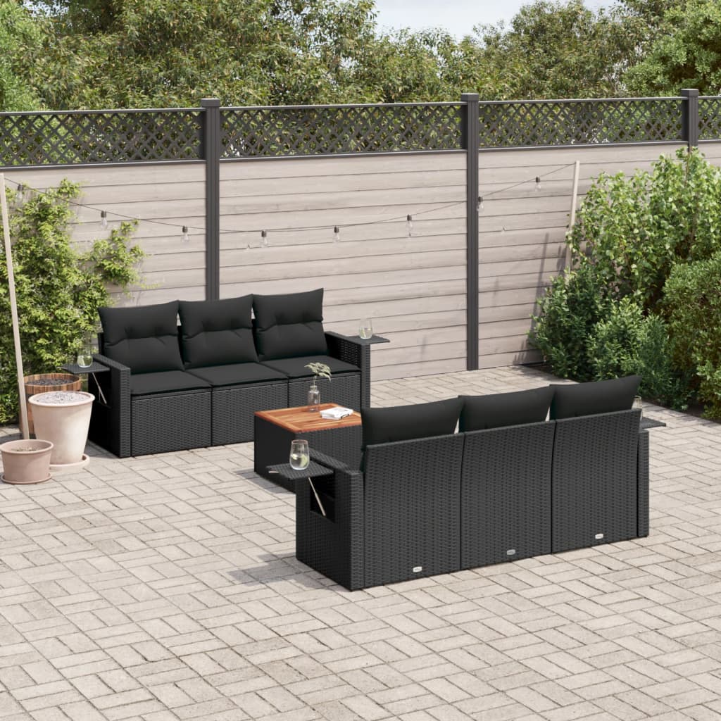 7-delige Loungeset met kussens poly rattan zwart – afbeelding 1