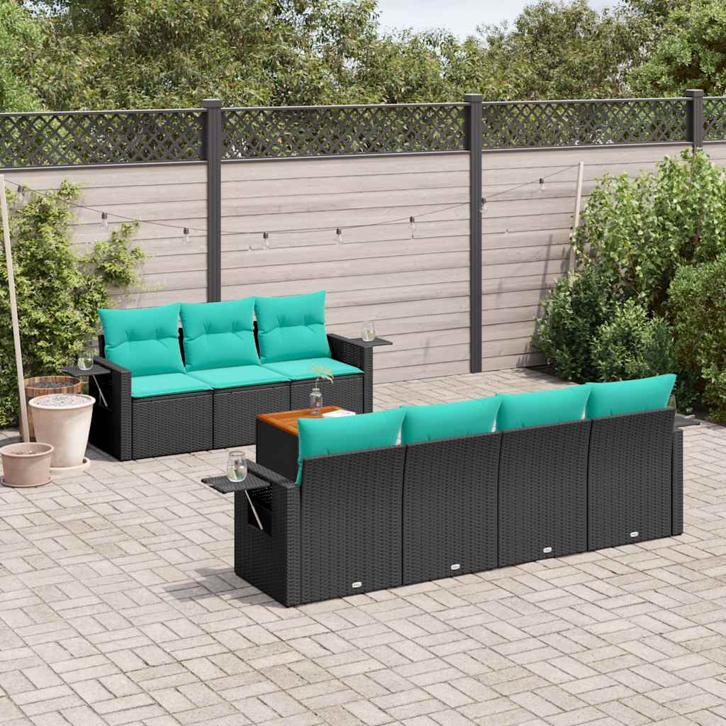 8-delige tuinbankset met kussens, zwart polyrotan
