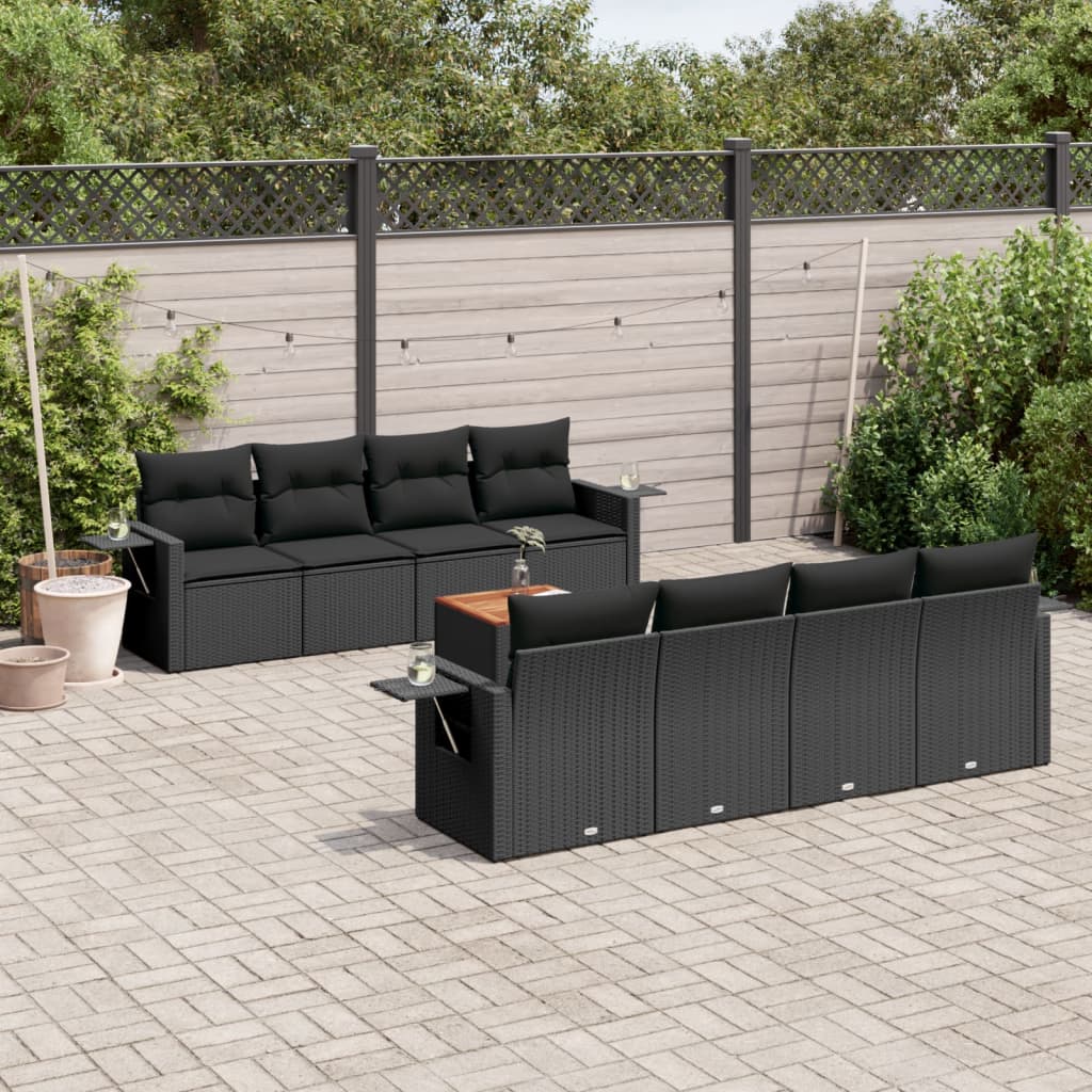 9-delige Loungeset met kussens poly rattan zwart – afbeelding 1