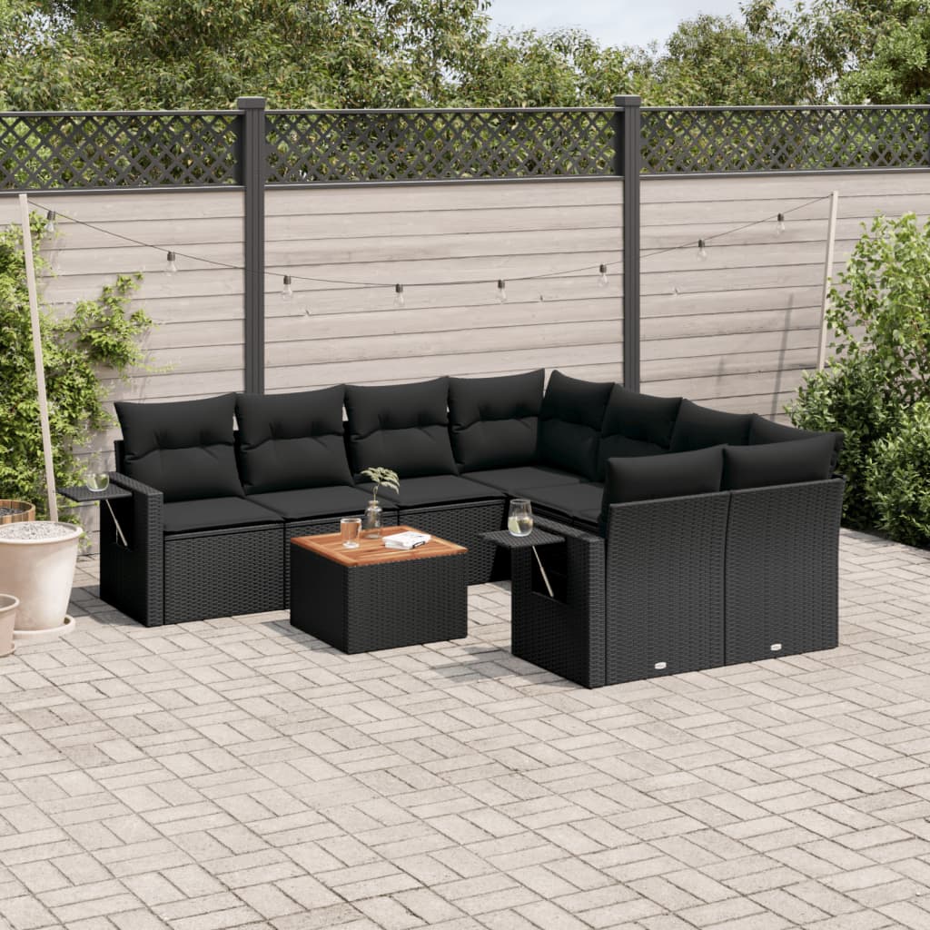 9-delige Loungeset met kussens poly rattan zwart – afbeelding 1