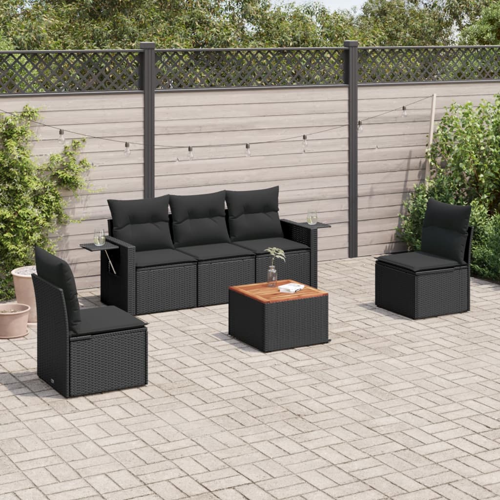 6-delige Loungeset met kussens poly rattan zwart – afbeelding 1